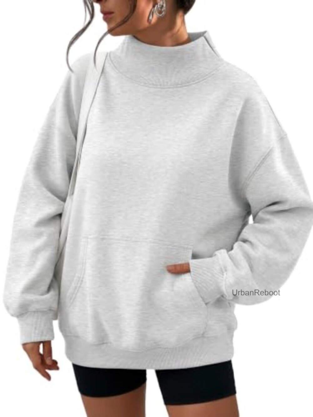 Oversized Mock Neck Fleece Sweatshirt Kangaroo Pocket Pullover